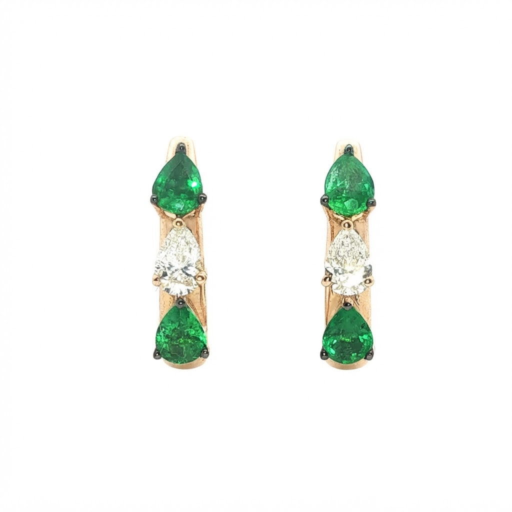 18 Carat Yellow Gold Emerald and Diamond Clip Hoops