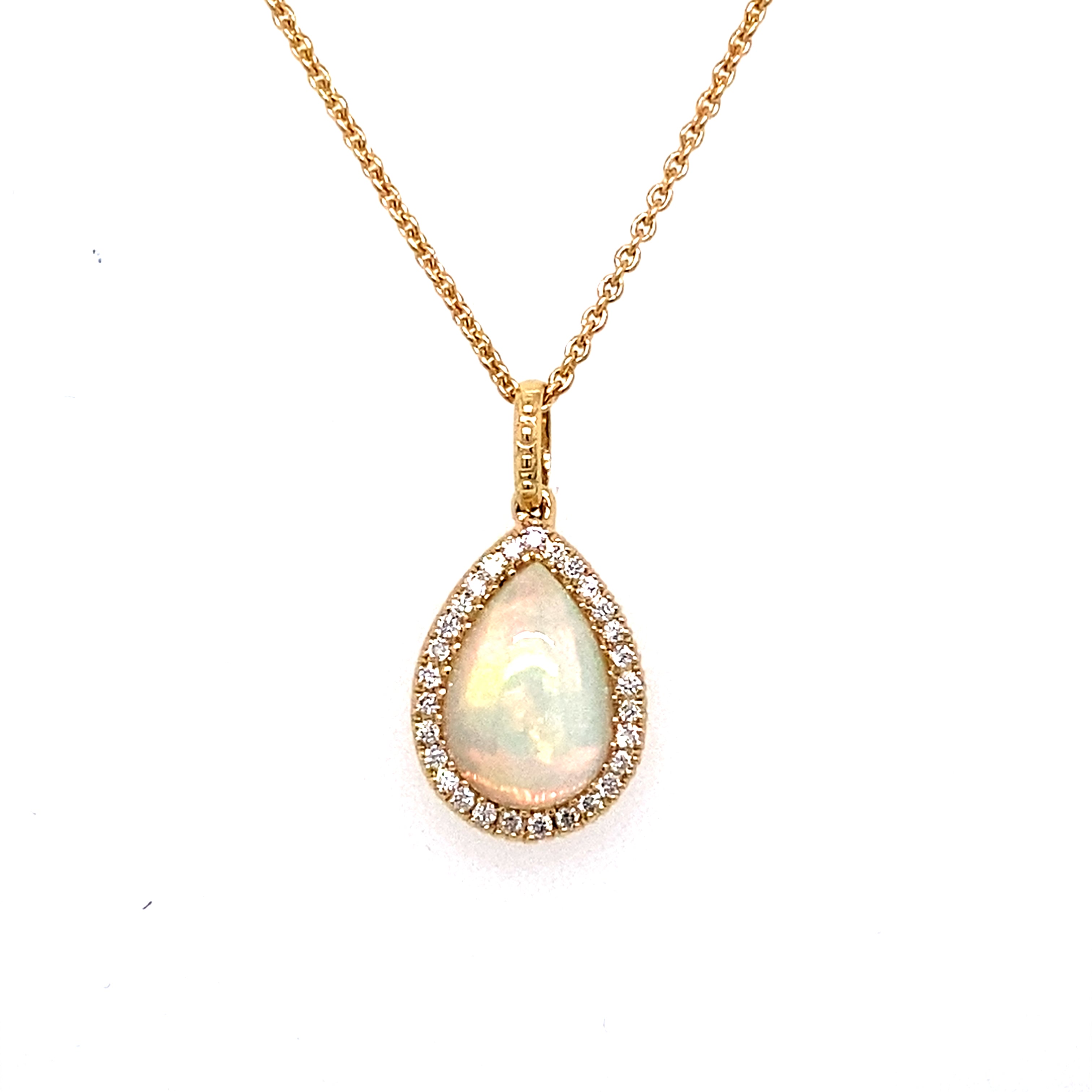 An 18 Carat Yellow Gold Opal and Diamond Halo Necklace