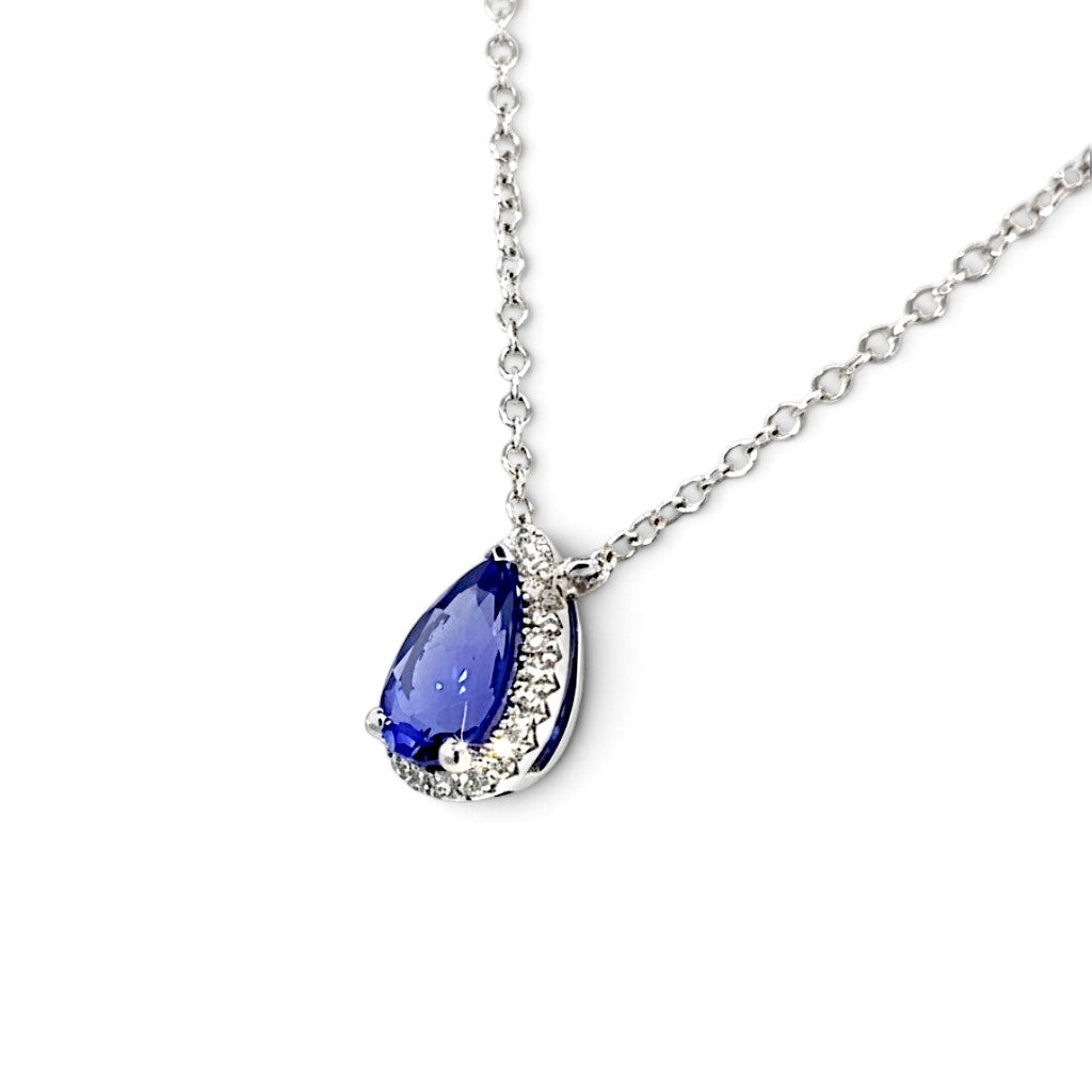 An 18ct White Gold Pear Shape Tanzanite and Diamond Pendant
