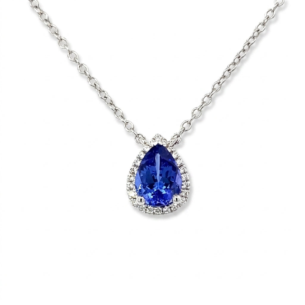 An 18ct White Gold Pear Shape Tanzanite and Diamond Pendant
