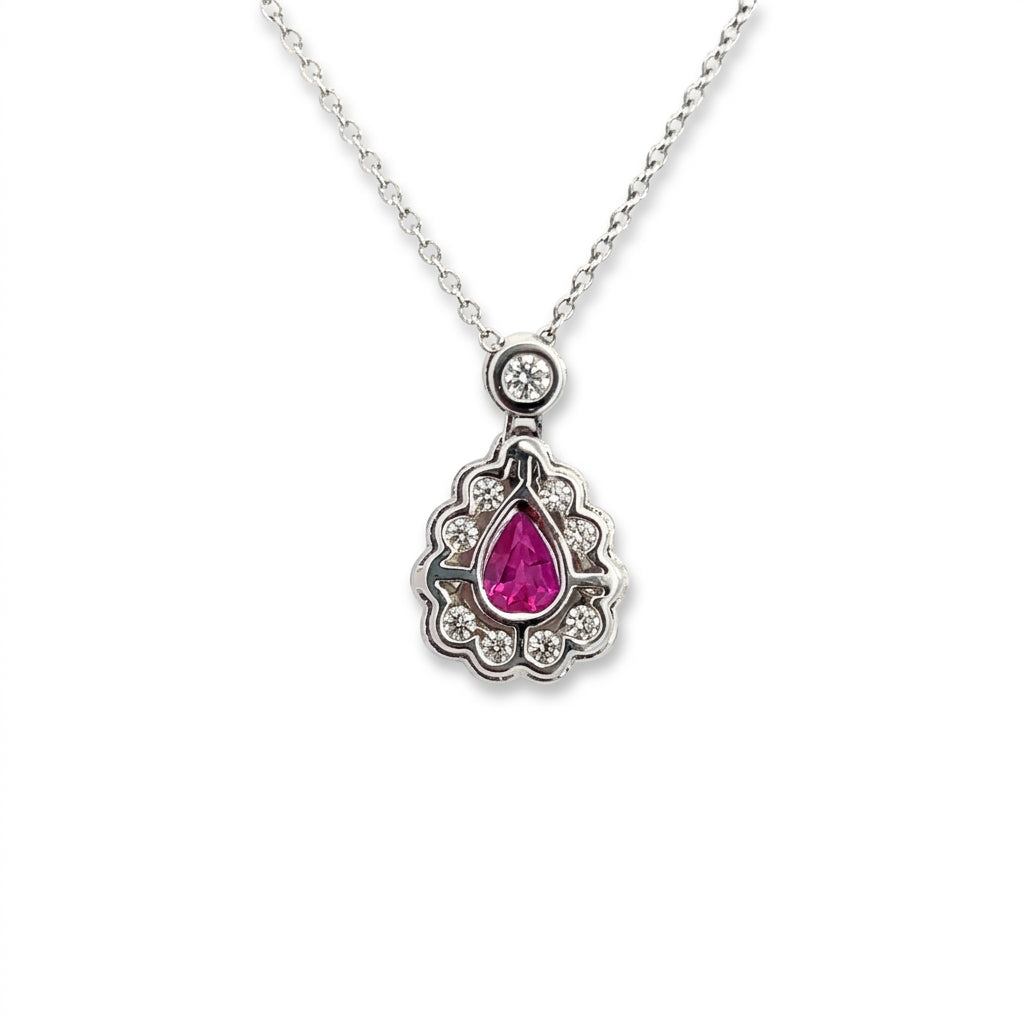 A Beautiful Platinum Pendant Featuring a Pear Shape Ruby