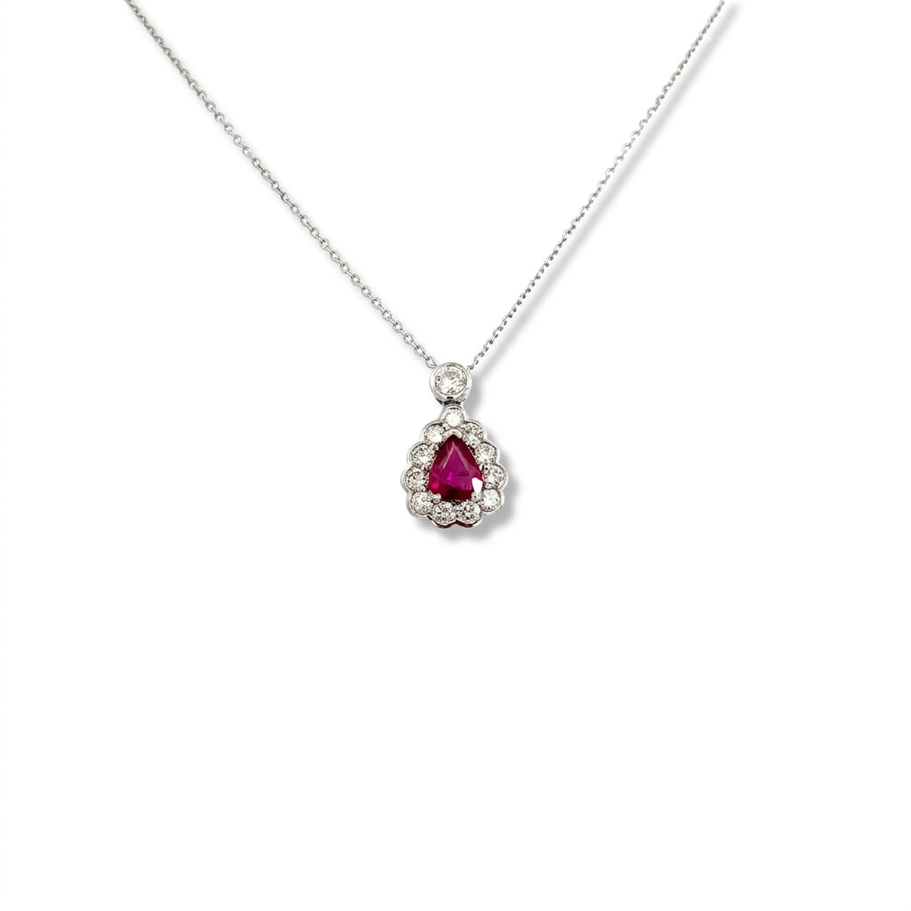 A Beautiful Platinum Pendant Featuring a Pear Shape Ruby