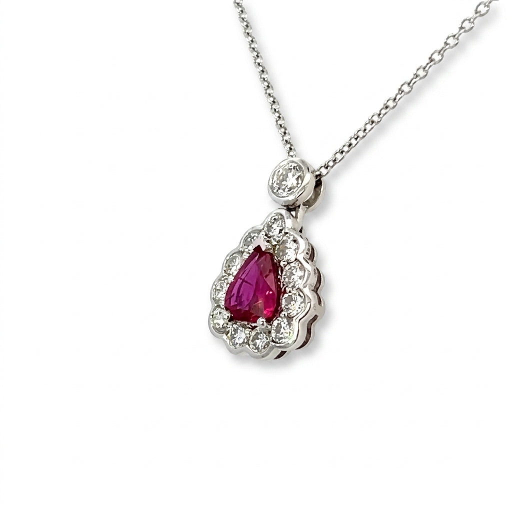 A Beautiful Platinum Pendant Featuring a Pear Shape Ruby