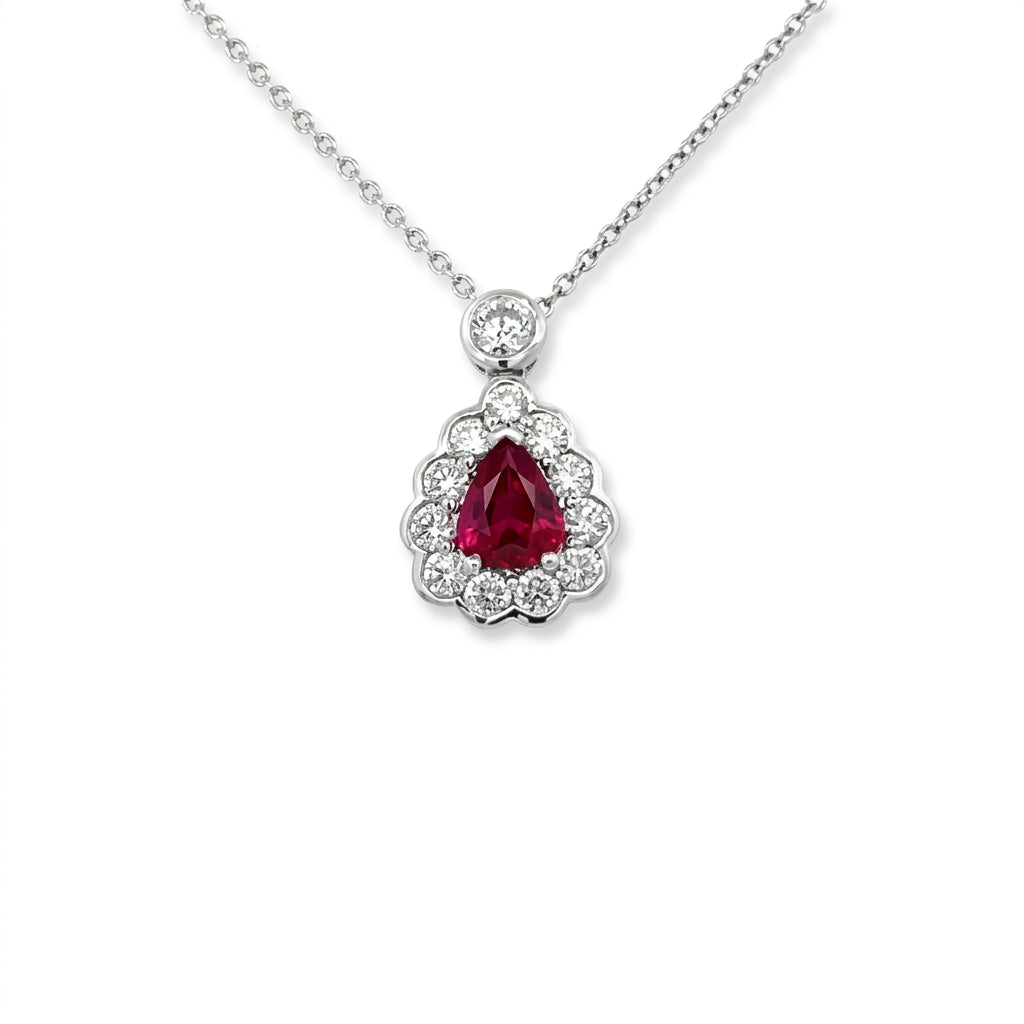 A Beautiful Platinum Pendant Featuring a Pear Shape Ruby