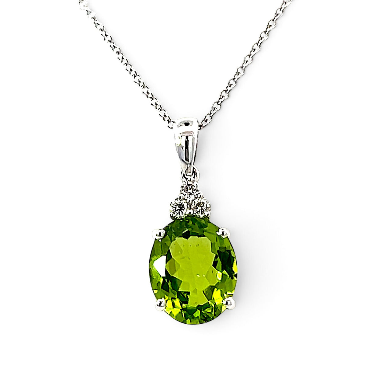 18 carat White Gold Oval Peridot and Diamond Pendant