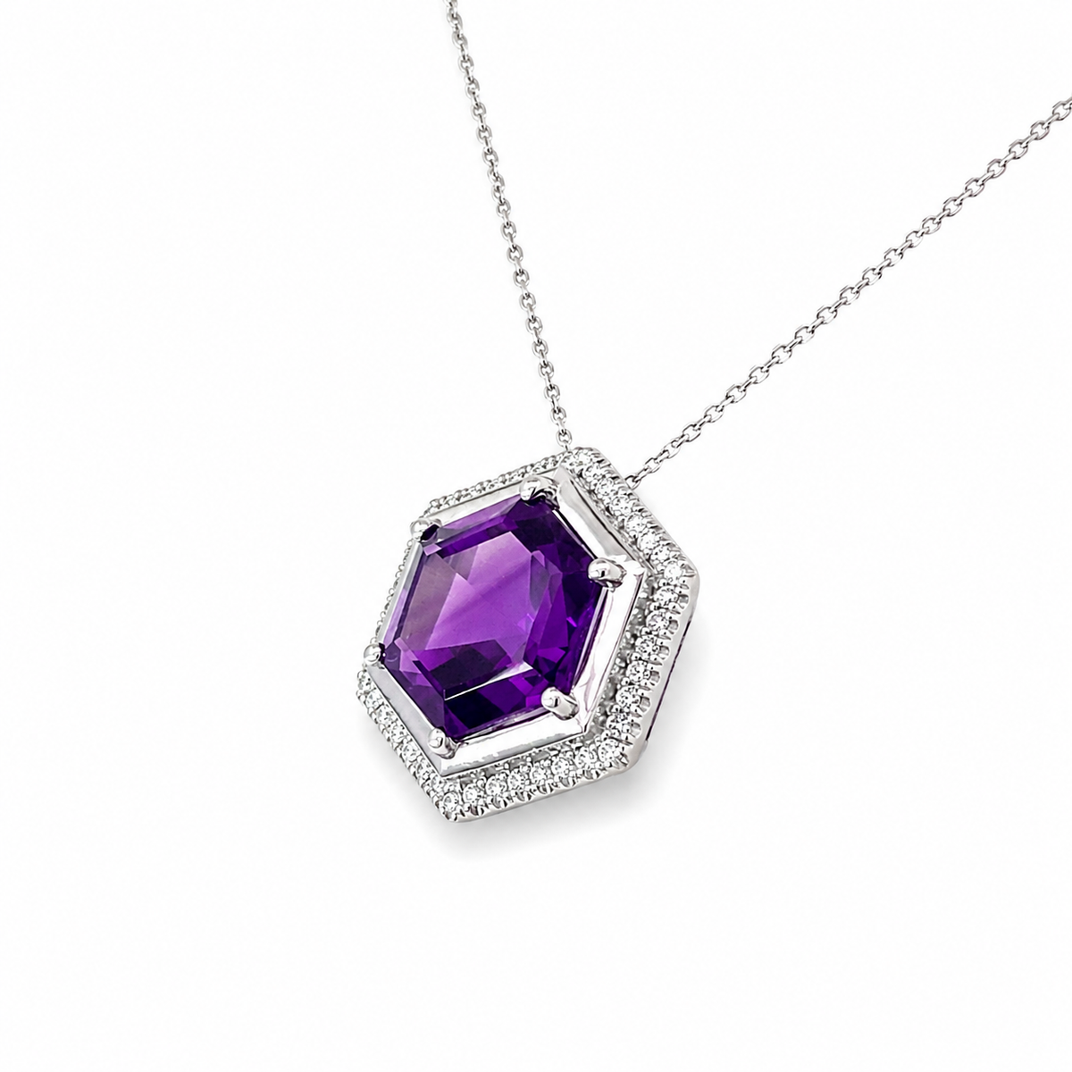 Platinum Amethyst and Diamond Hexagonal 10mm Pendant