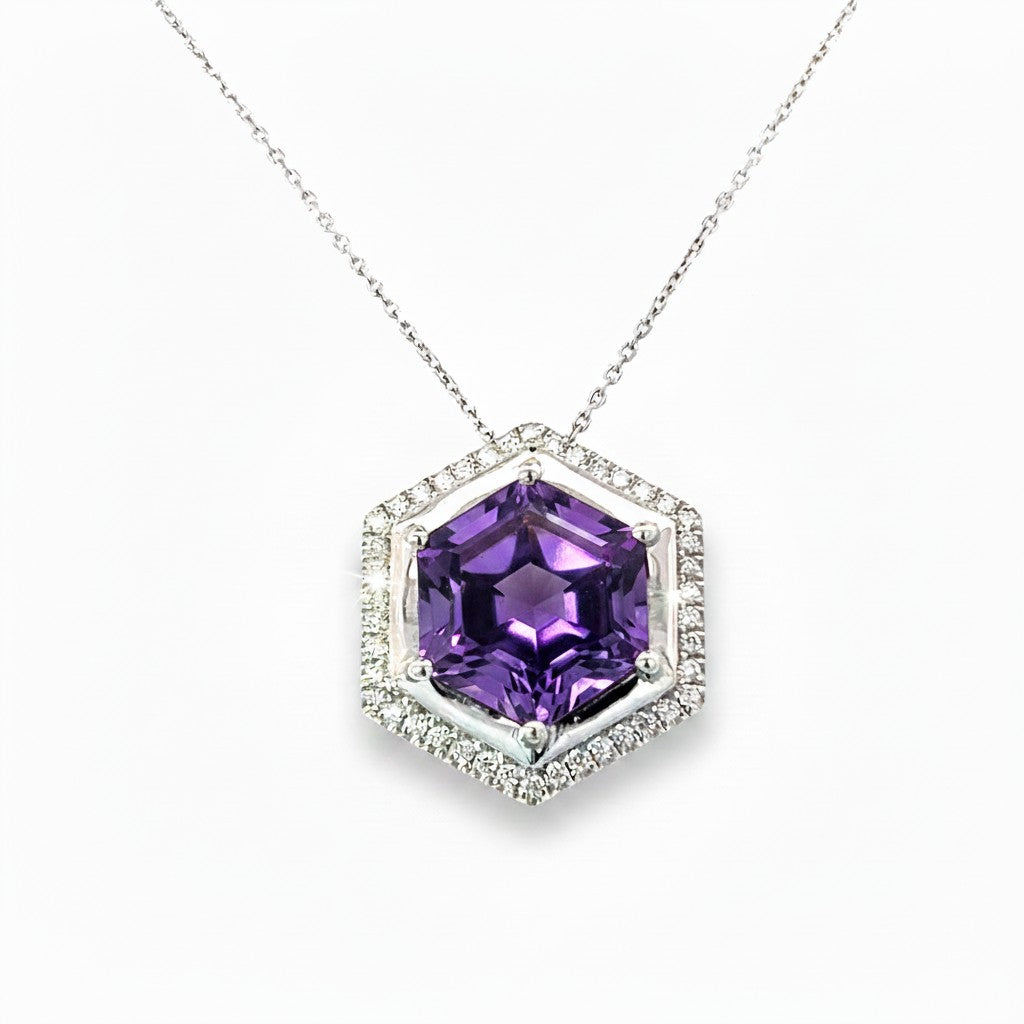 Platinum Amethyst and Diamond Hexagonal 10mm Pendant