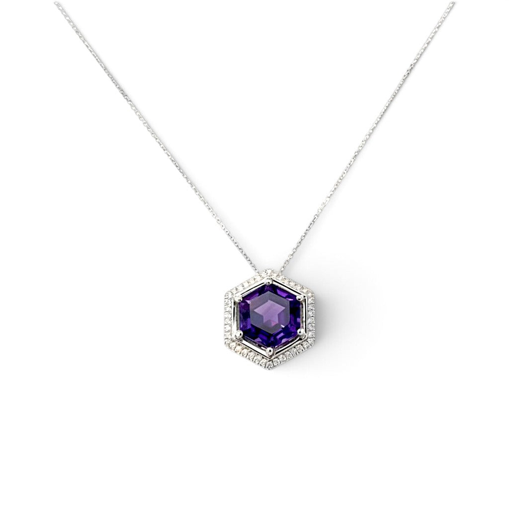 Platinum Amethyst and Diamond Hexagonal 10mm Pendant