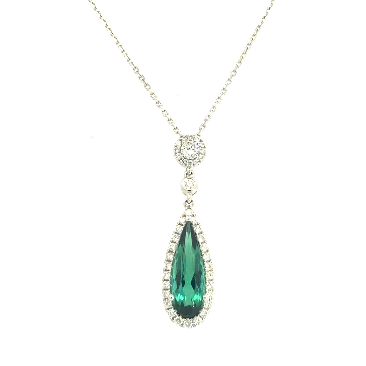 An 18 Carat White Gold Diamond and Green Tourmaline Pear Drop