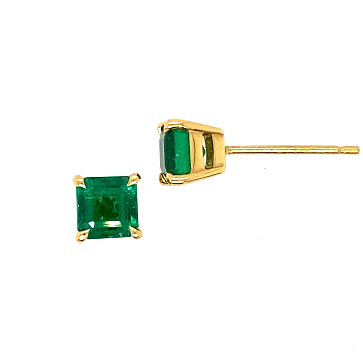 A Pair of 18 Carat Yellow Gold Square Emerald Studs