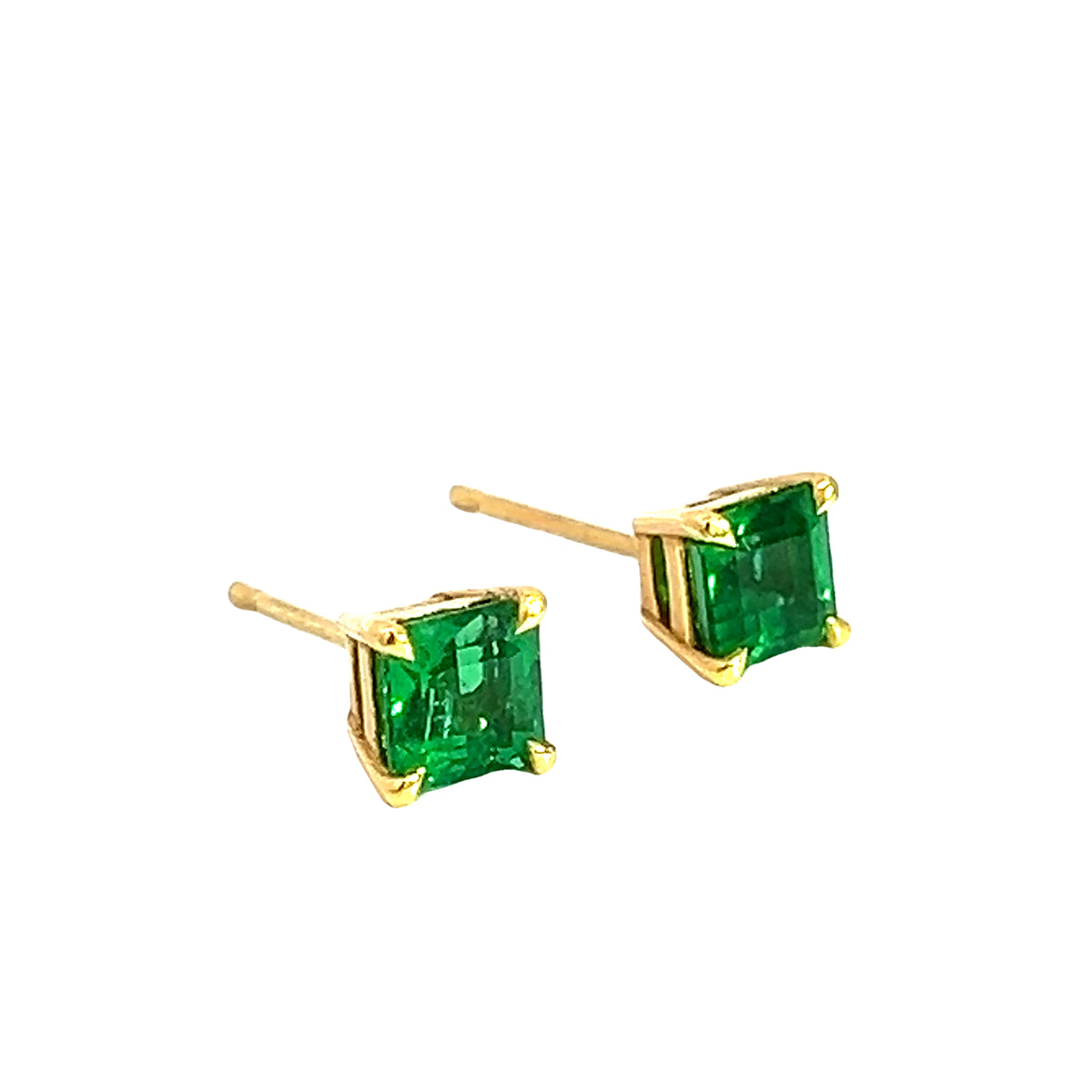 A Pair of 18 Carat Yellow Gold Square Emerald Studs