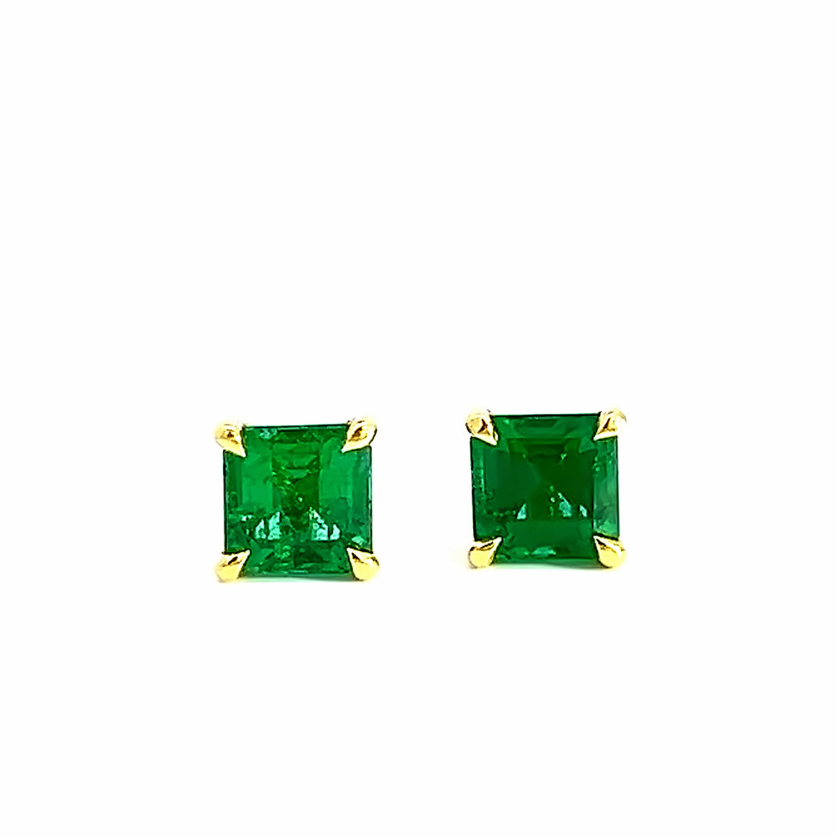 A Pair of 18 Carat Yellow Gold Square Emerald Studs