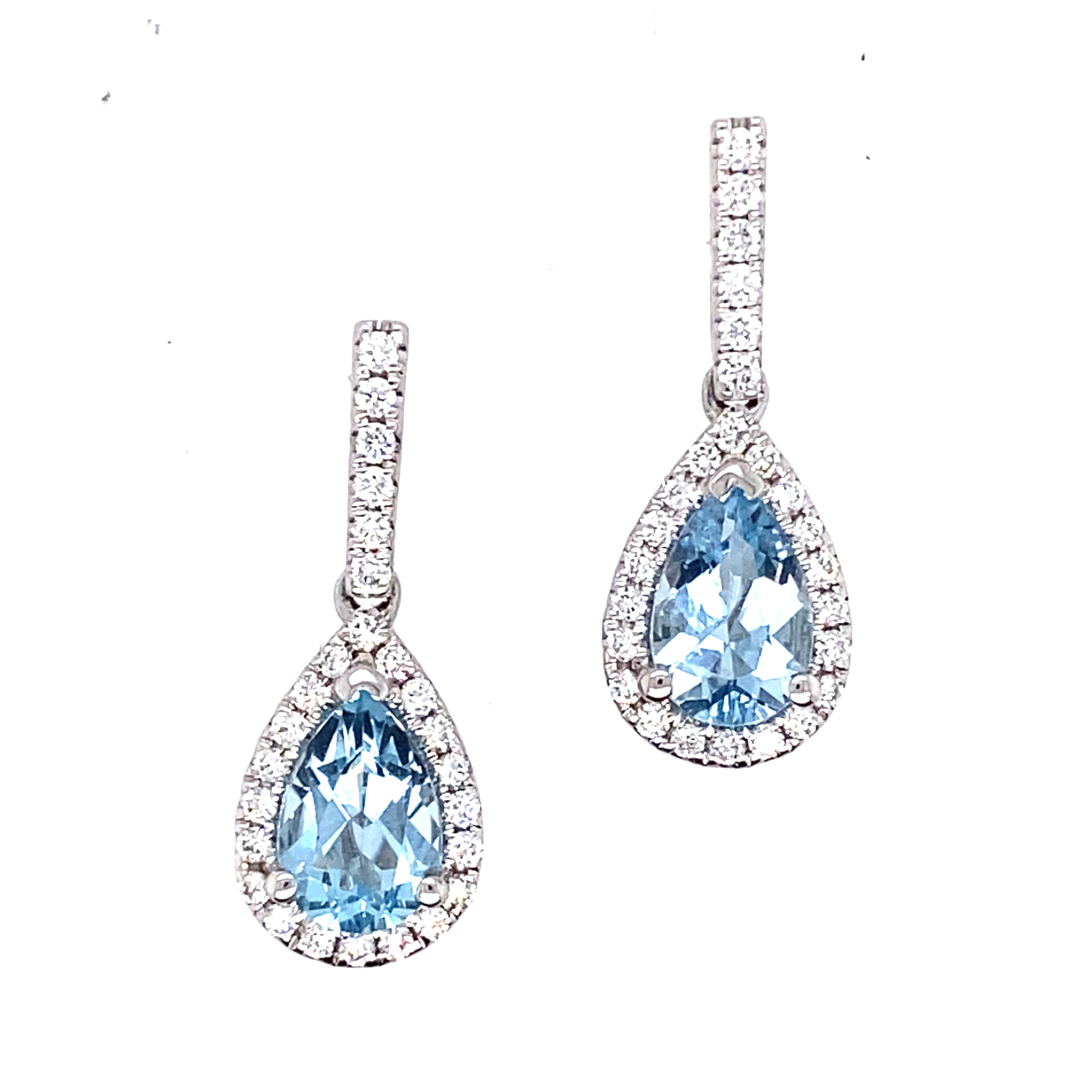 18ct White Gold Aquamarine and Diamond Halo Drop Earrings