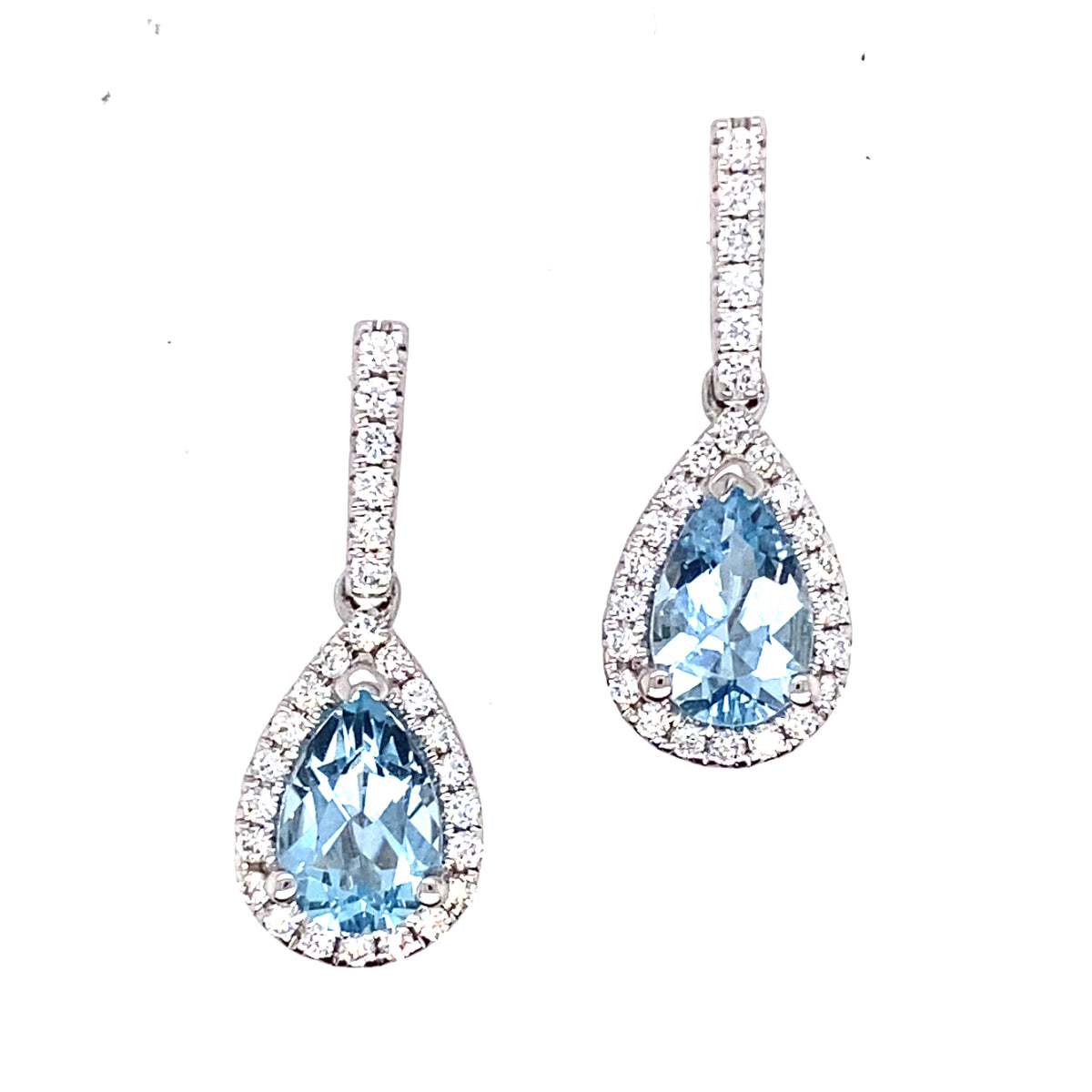 18ct White Gold Aquamarine and Diamond Halo Drop Earrings