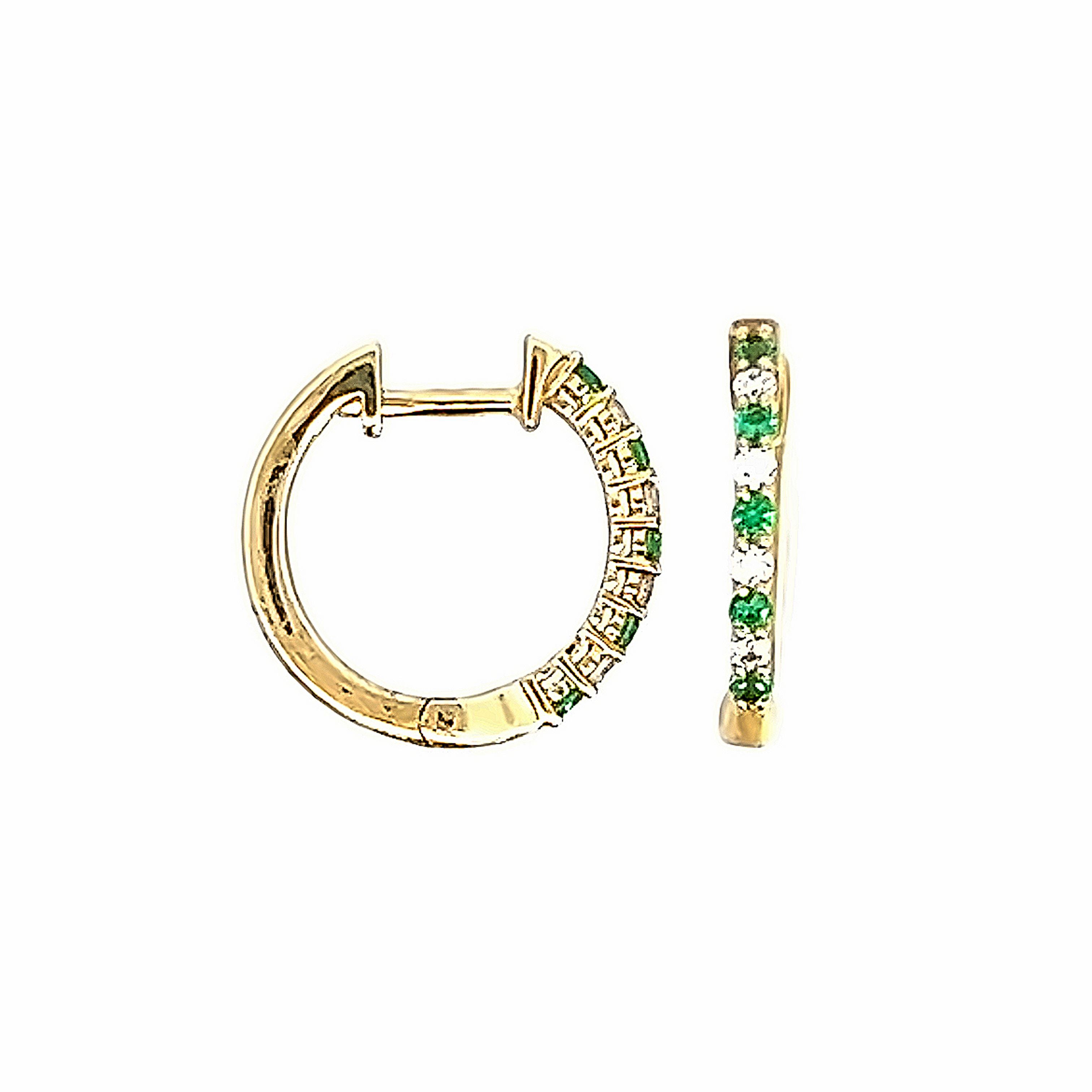 A Pair of 18 Carat Yellow Gold Emerald and Diamond Hinged Hoops