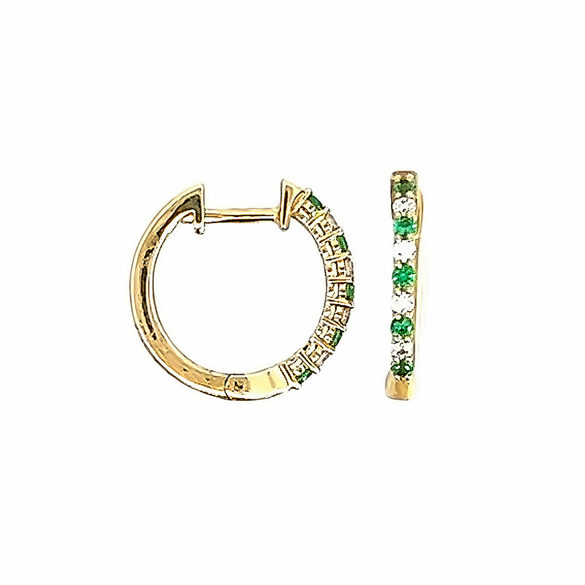 A Pair of 18 Carat Yellow Gold Emerald and Diamond Hinged Hoops