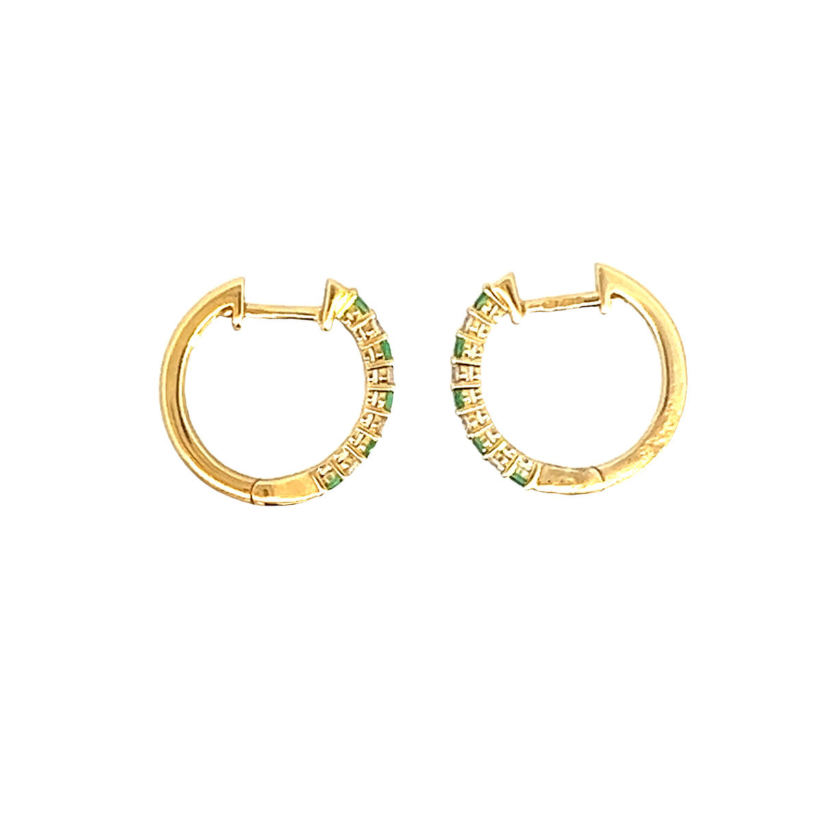 A Pair of 18 Carat Yellow Gold Emerald and Diamond Hinged Hoops