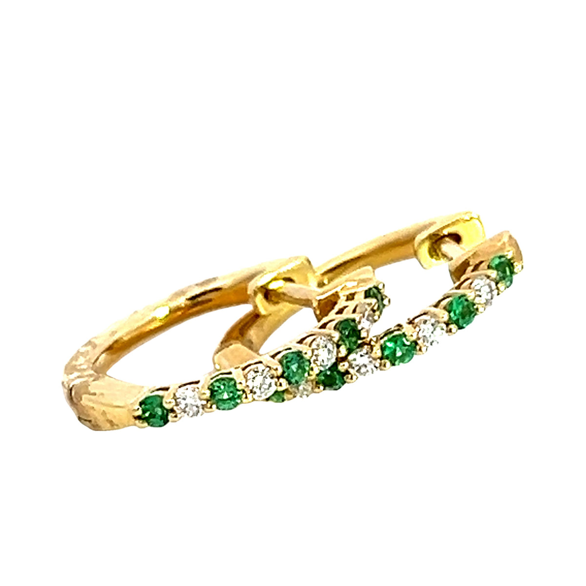 A Pair of 18 Carat Yellow Gold Emerald and Diamond Hinged Hoops