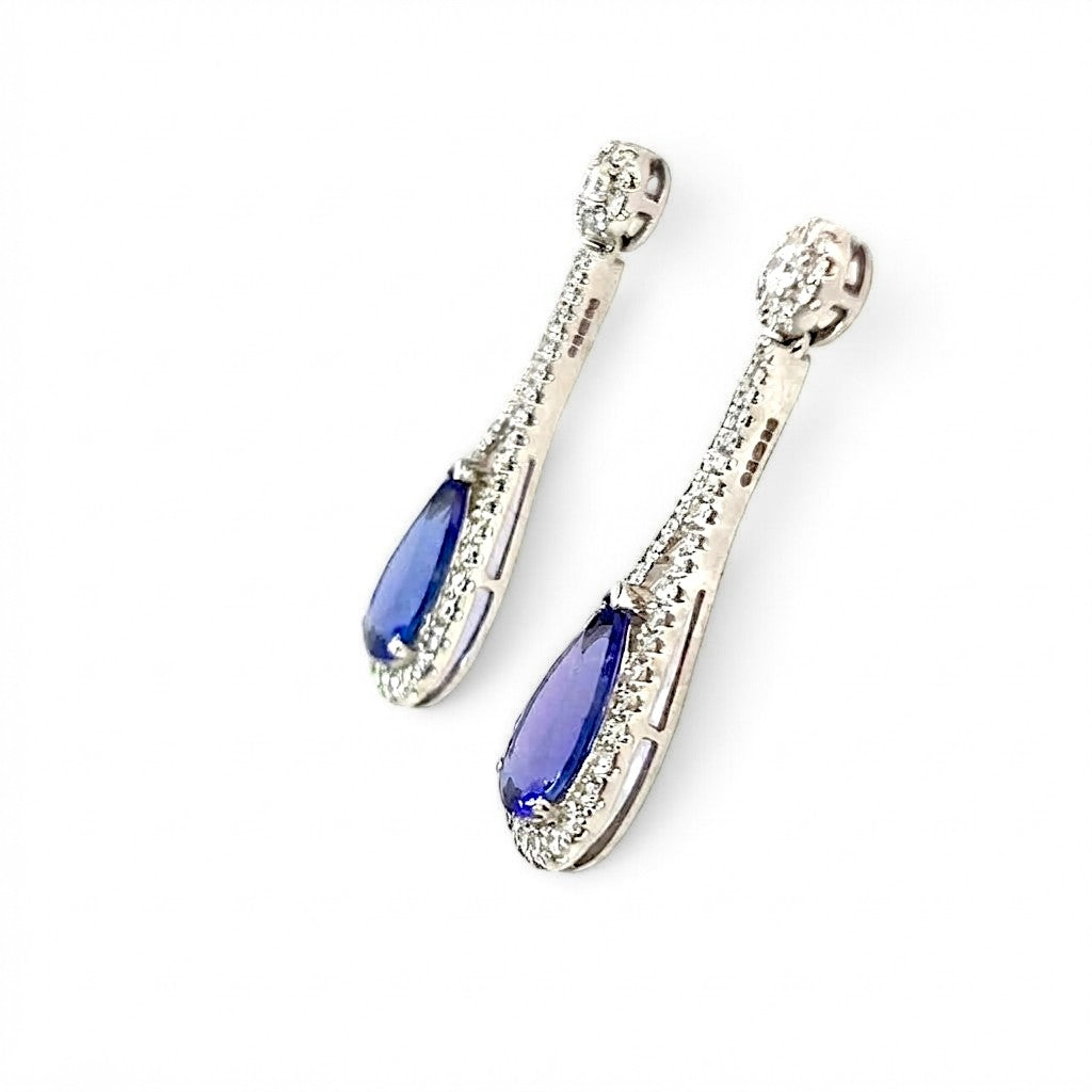 A Pair of 18 Carat White Gold Tanzanite and Diamond Pear Shape Drop Studs