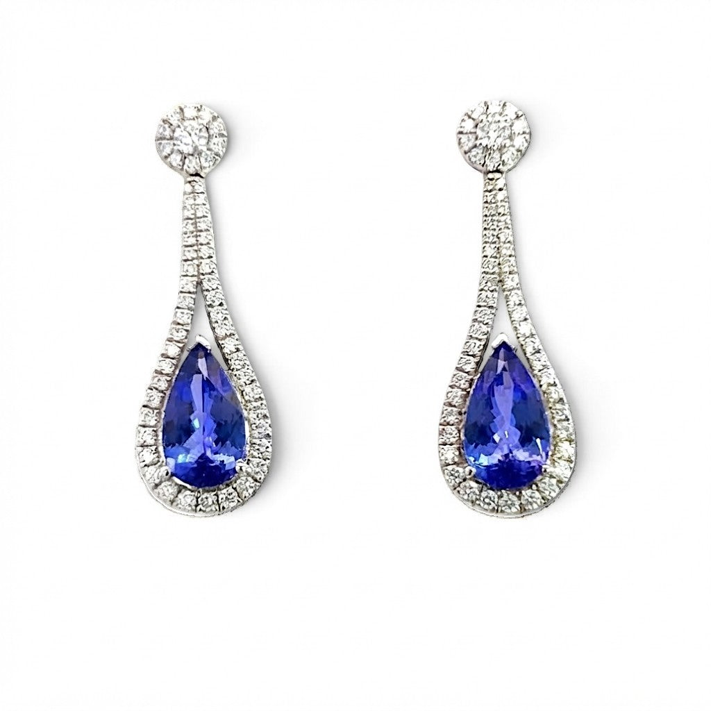 A Pair of 18 Carat White Gold Tanzanite and Diamond Pear Shape Drop Studs