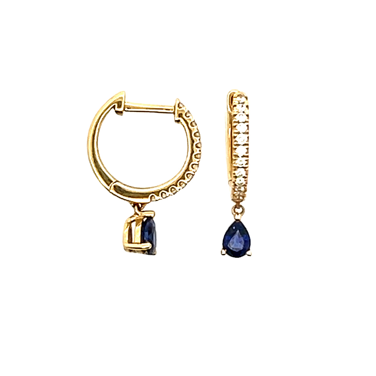 A Pair of 18 Carat Yellow Gold Diamond Hoops with a Sapphire Drop