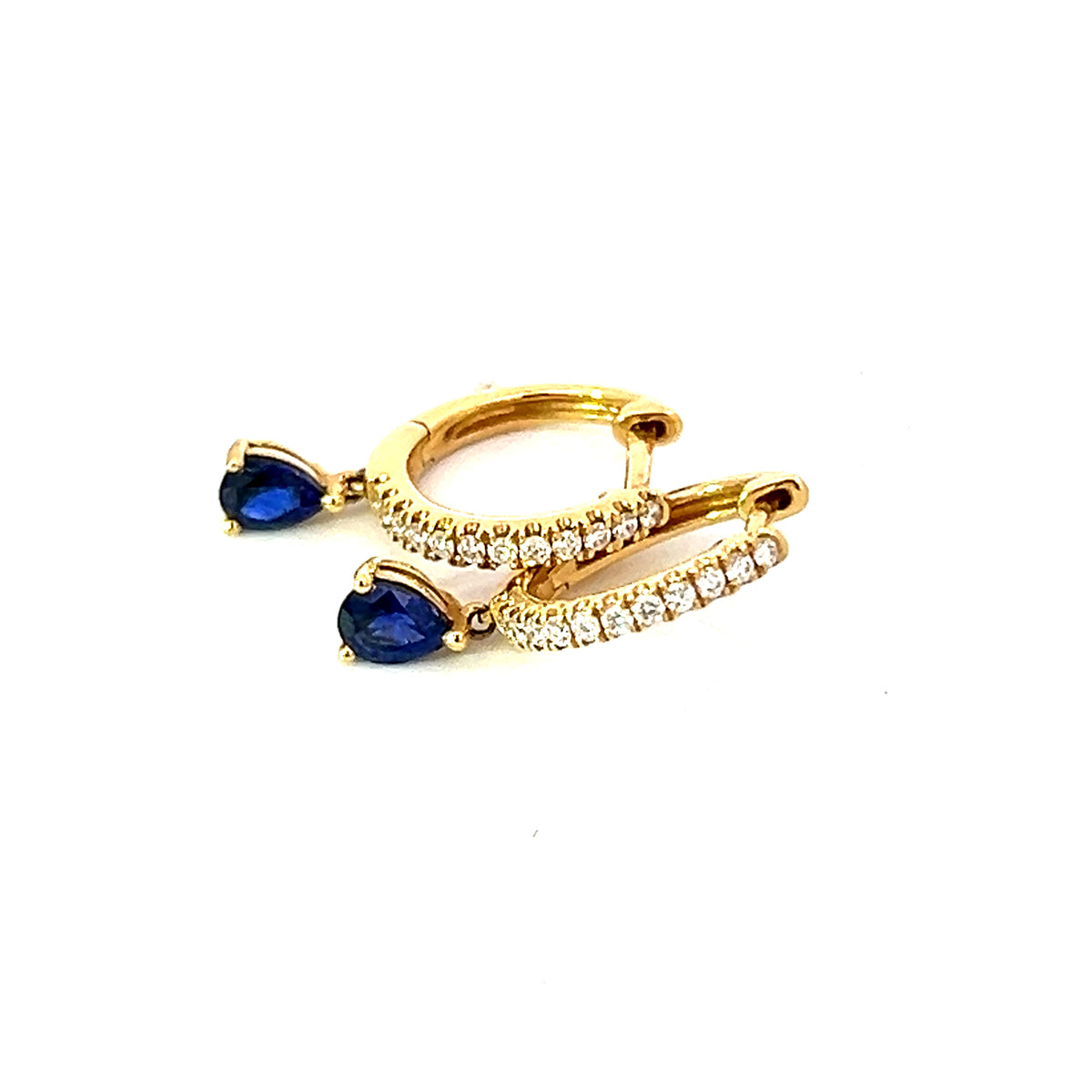 A Pair of 18 Carat Yellow Gold Diamond Hoops with a Sapphire Drop