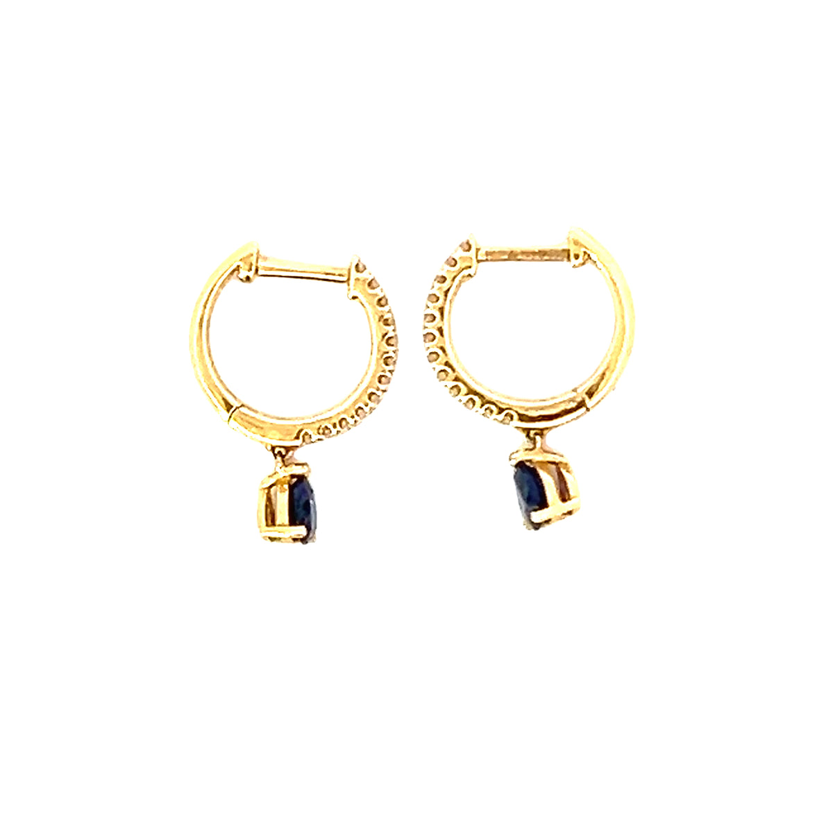 A Pair of 18 Carat Yellow Gold Diamond Hoops with a Sapphire Drop