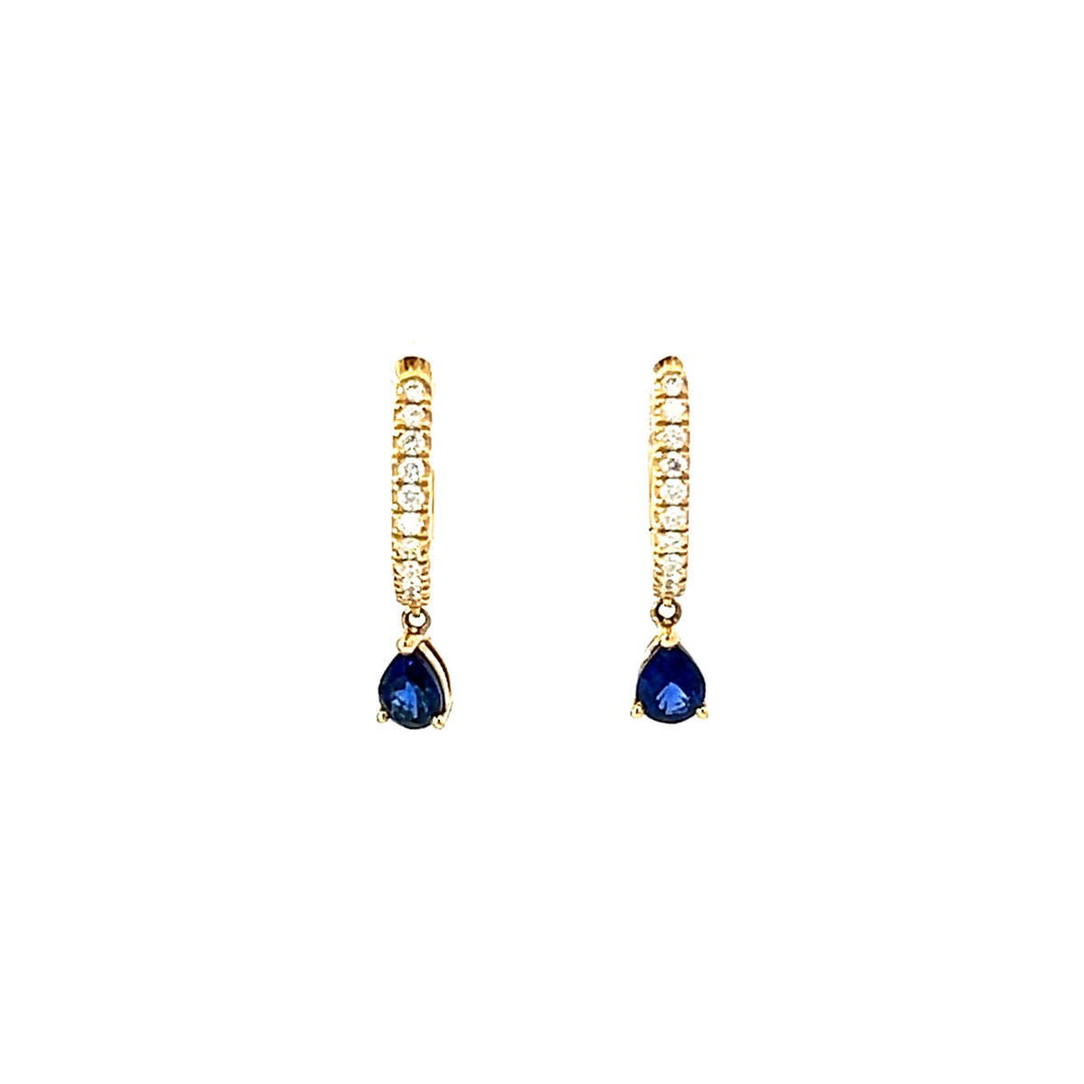 A Pair of 18 Carat Yellow Gold Diamond Hoops with a Sapphire Drop
