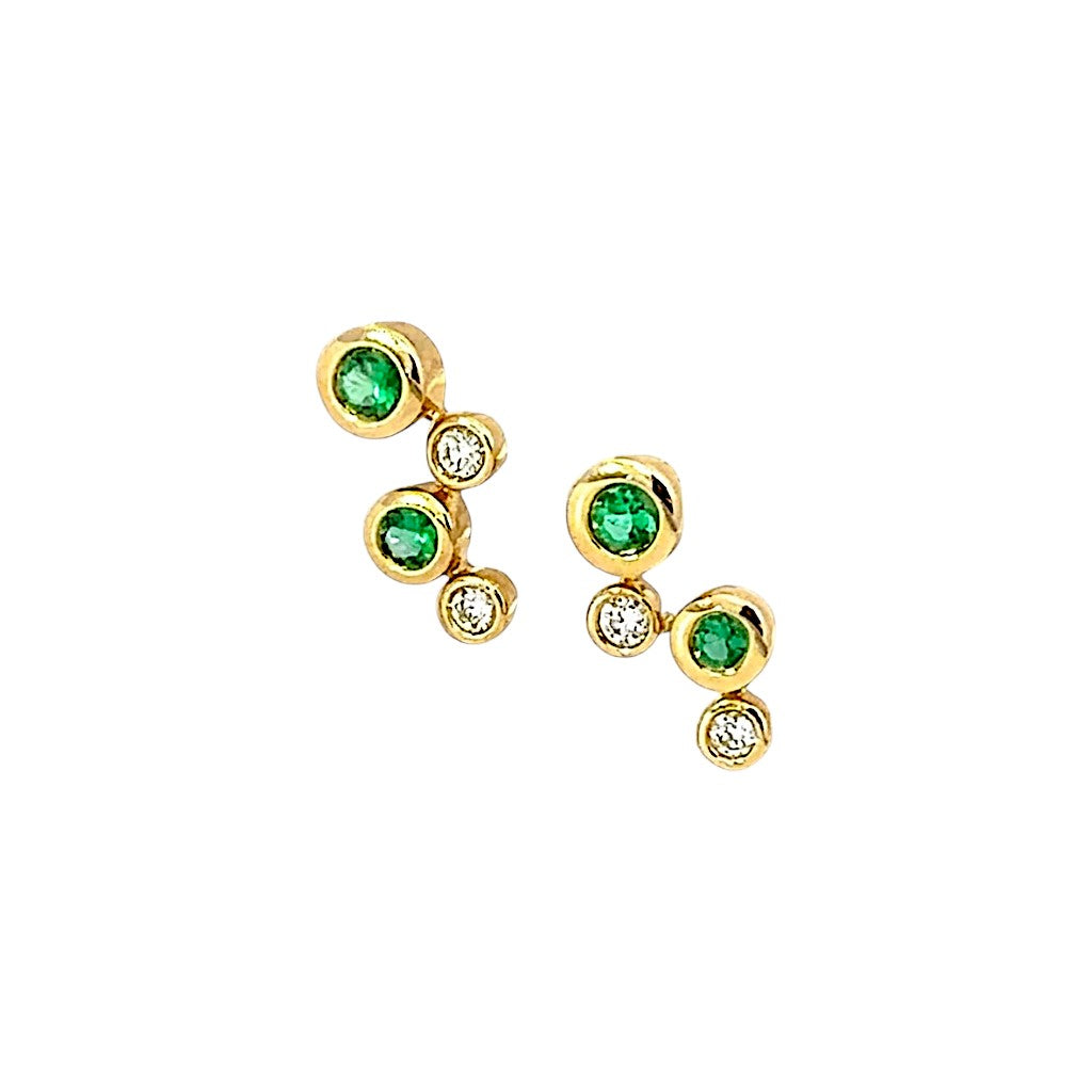 A Pair of 18 Carat Yellow Gold Emerald and Diamond Bubble Studs