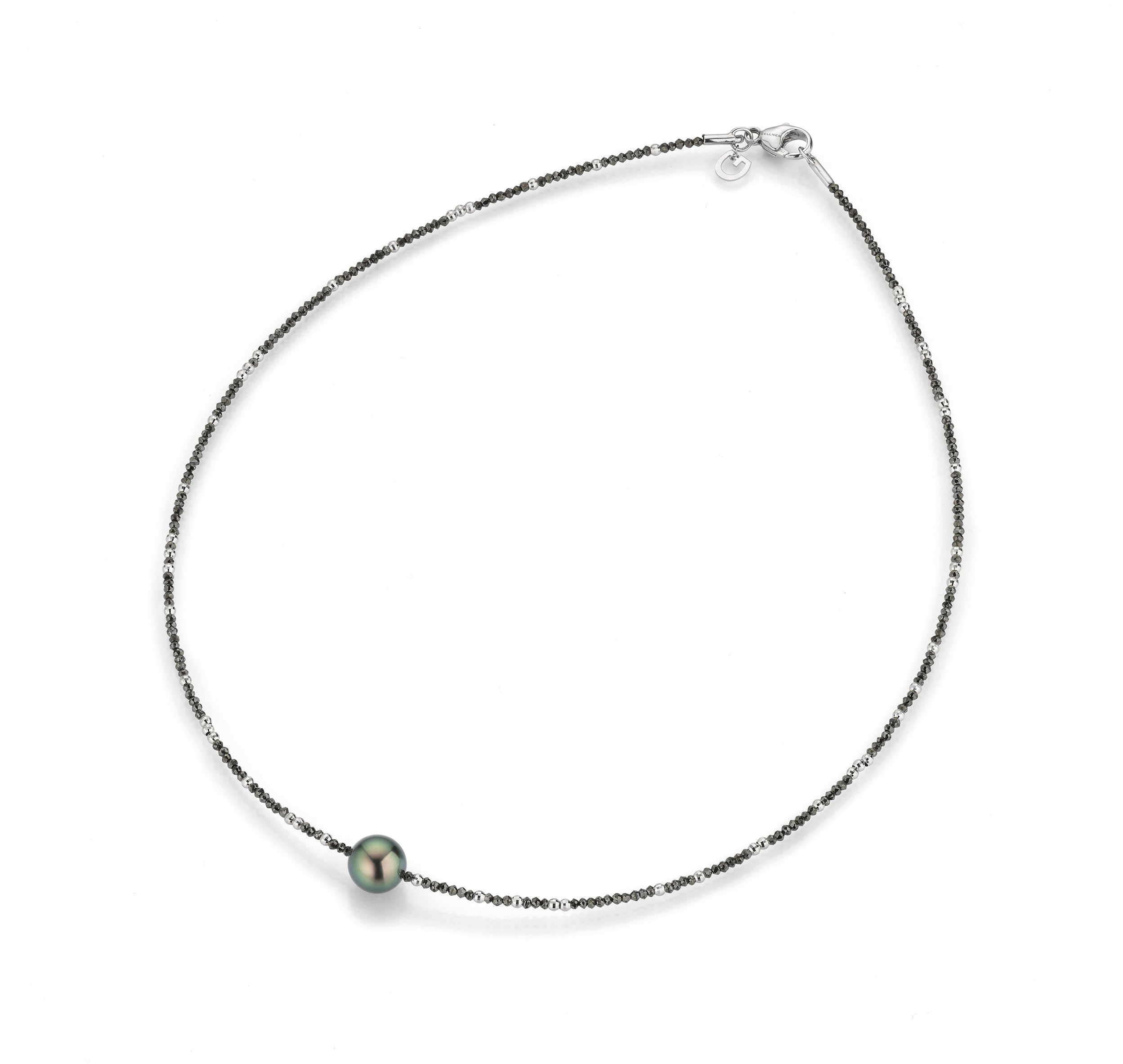 A Modern  Single Tahitian Pearl and Black Diamond Bead Necklace