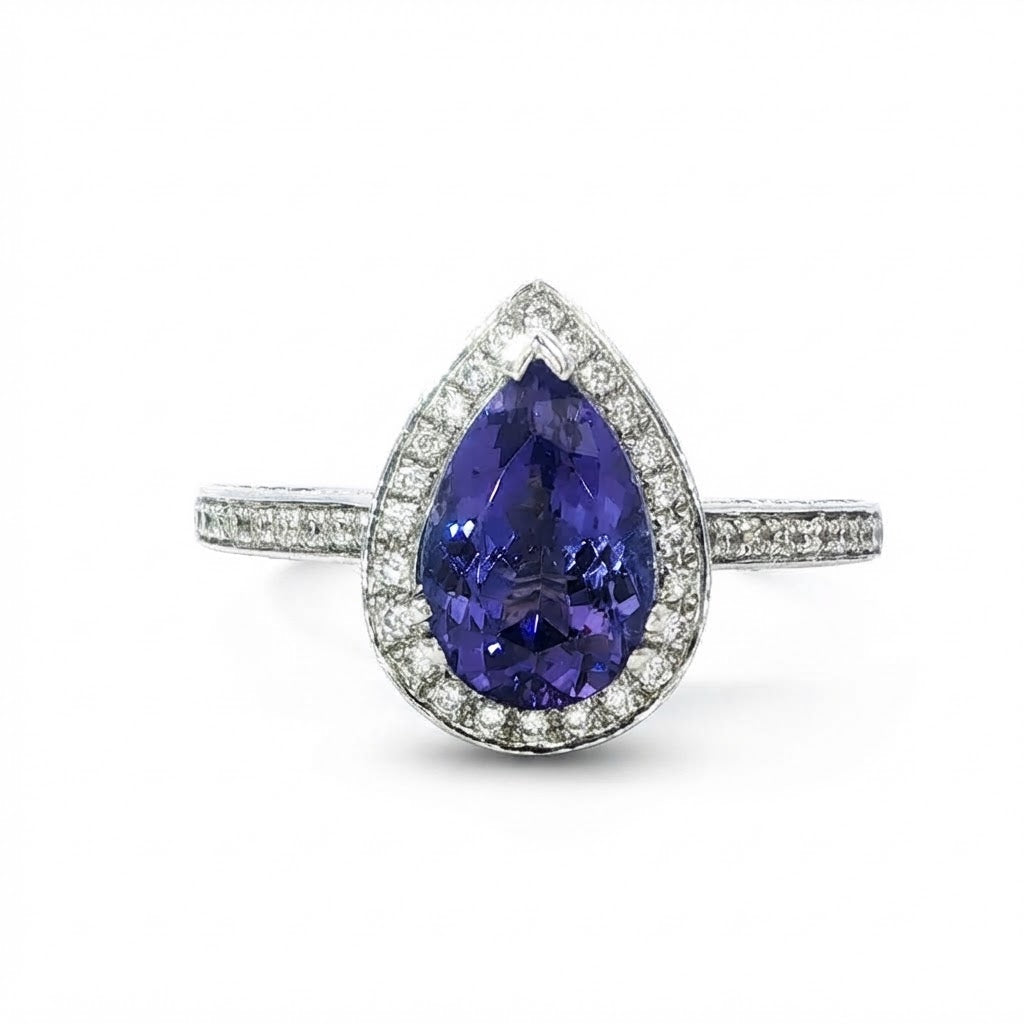 A 18 Carat White Gold and Tanzanite Pear Shaped Ring