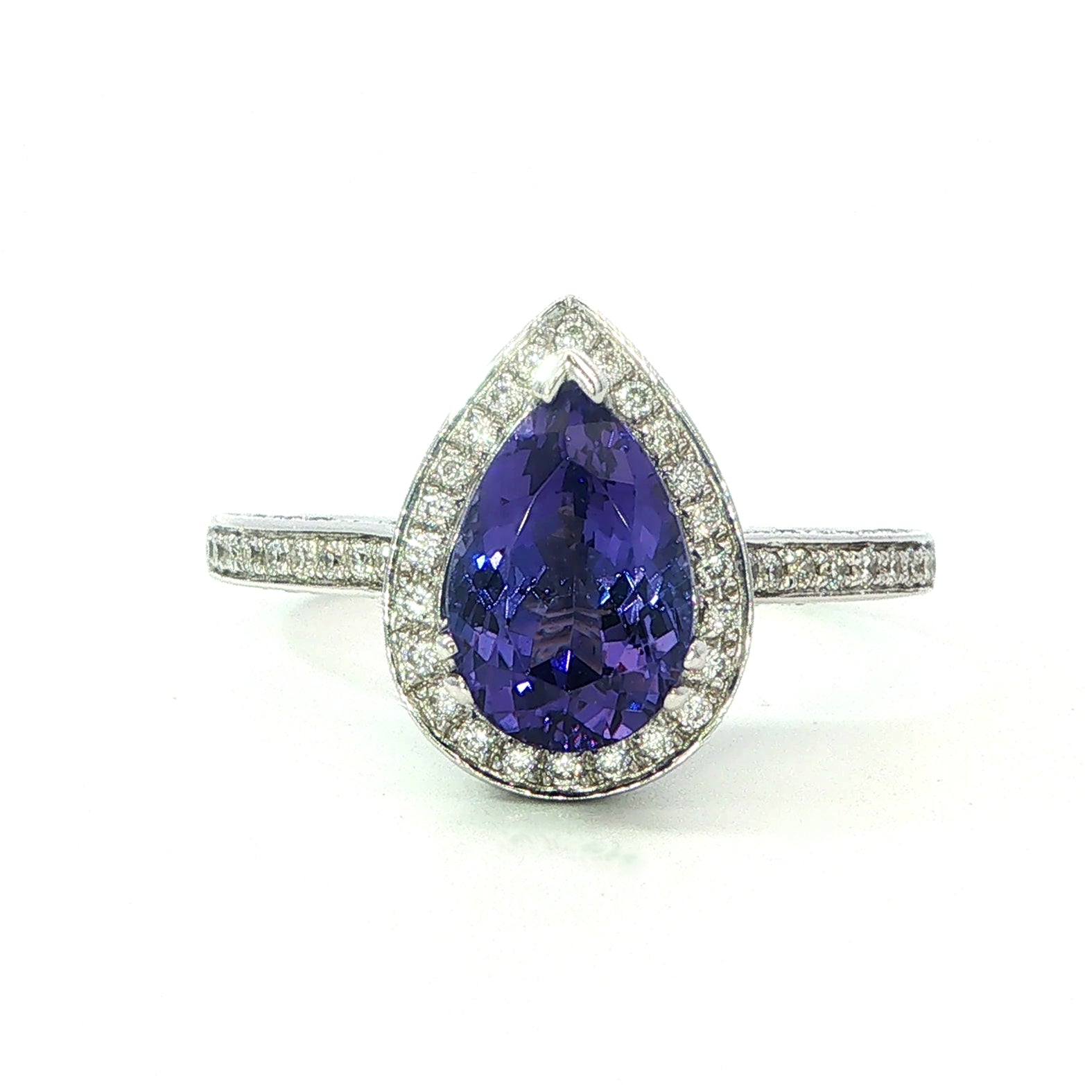 A 18 Carat White Gold and Tanzanite Pear Shaped Ring