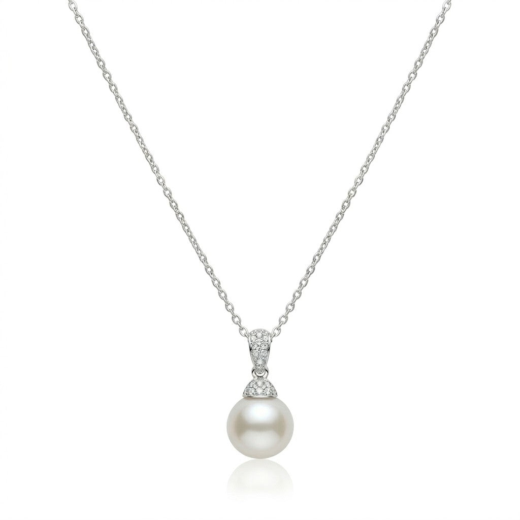 18 Carat White Gold 7.5mm Cultured Pearl Pave Diamond Set Pendant