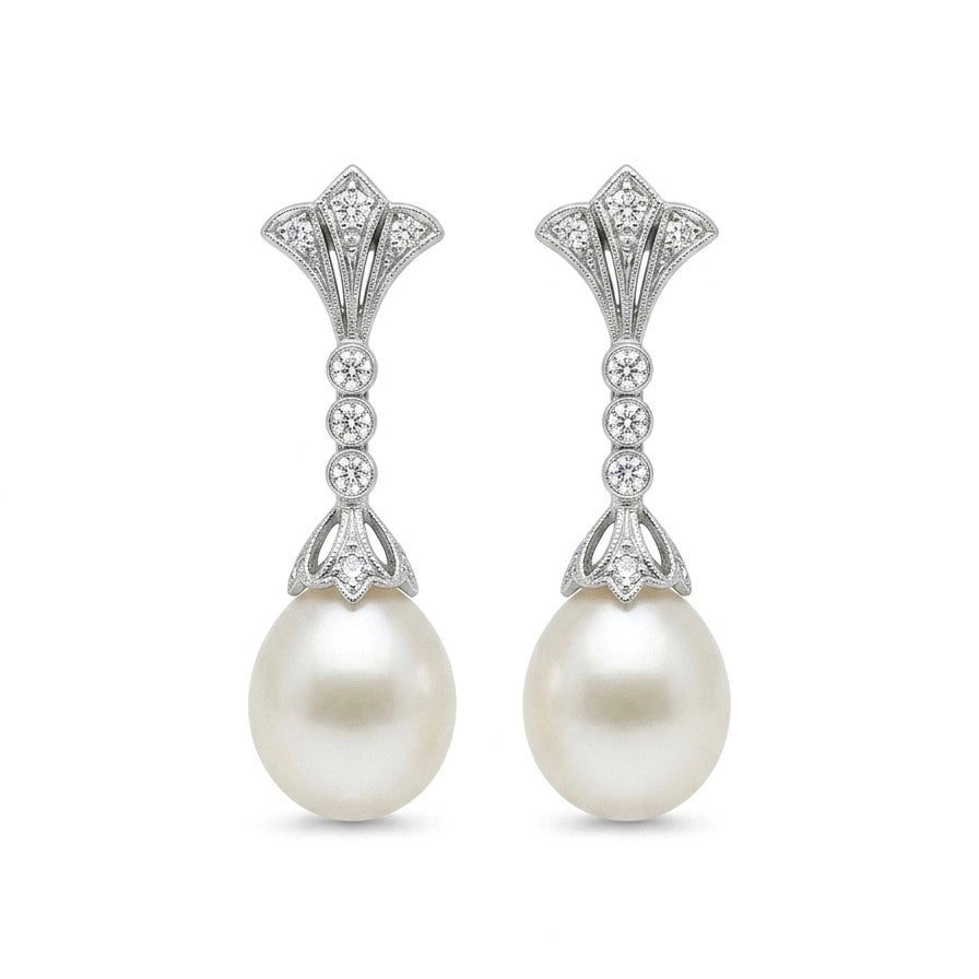 18ct White gold antique style diamond and pearl drop earrings