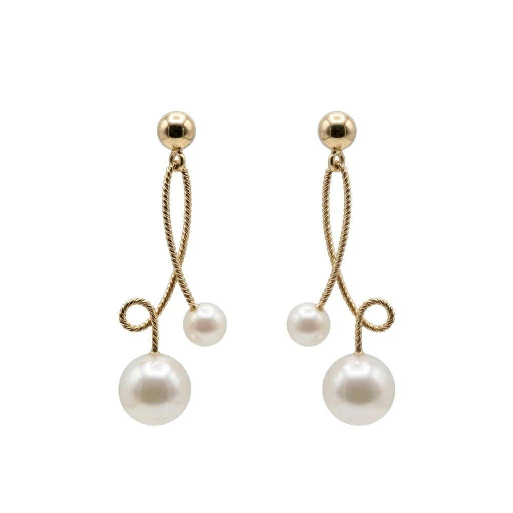 9 Carat Yellow Gold Double Pearl Twist Drop Studs