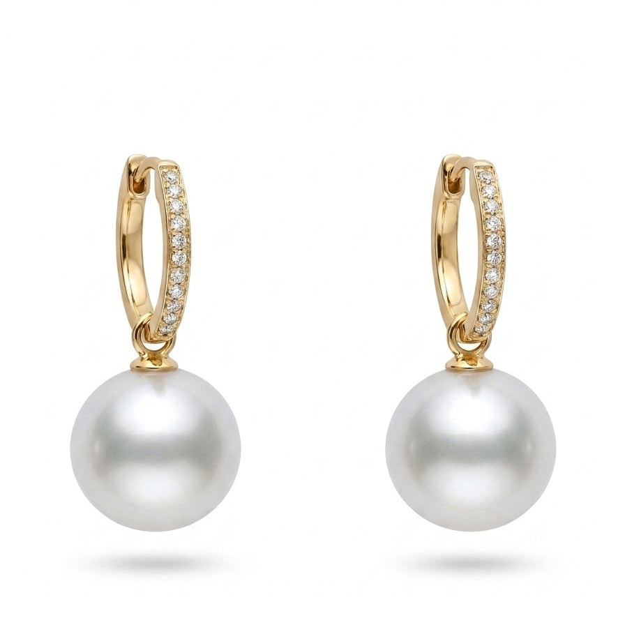 11.5mm Cultured Pearl and Diamond Hoops.