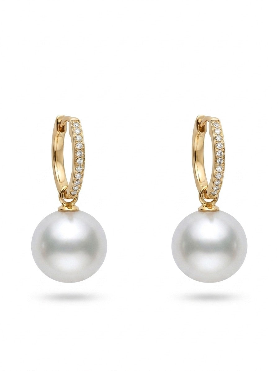 11.5mm Cultured Pearl and Diamond Hoops.