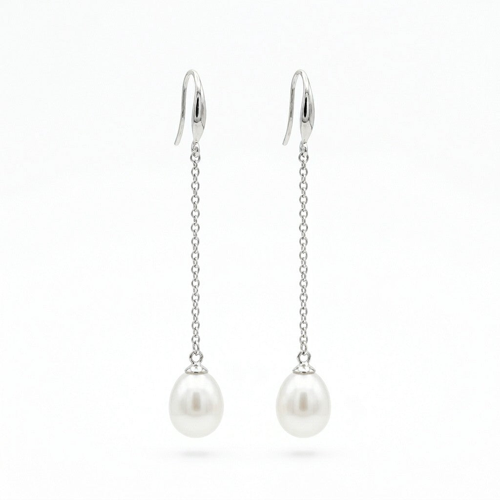 9 Carat White Gold Fresh Water Pearl Chain Hook Drops