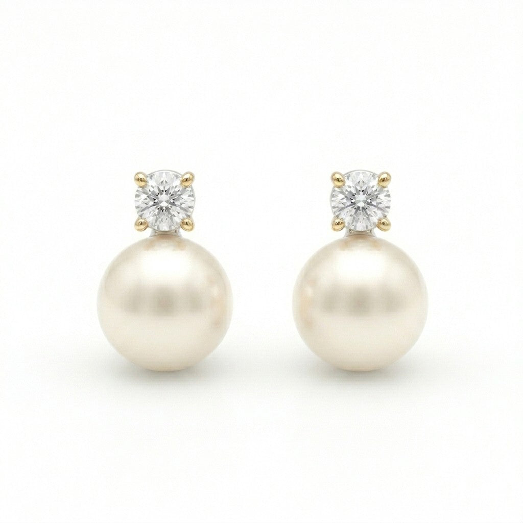 9 Carat Yellow Gold Cultured Pearl and Diamond 6.5mm Studs