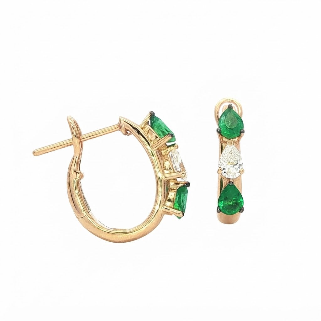 18 Carat Yellow Gold Emerald and Diamond Clip Hoops