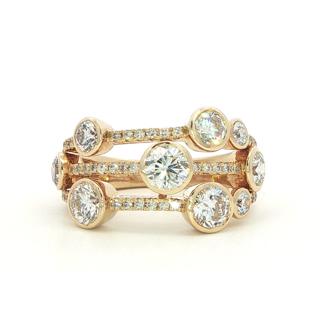 18 Carat Yellow Gold and Diamond 3 Row 'Bubbles' Ring - 1.90Cts
