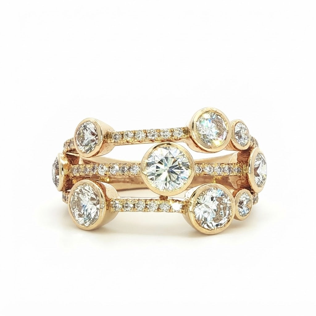18 Carat Yellow Gold and Diamond 3 Row 'Bubbles' Ring - 1.90Cts