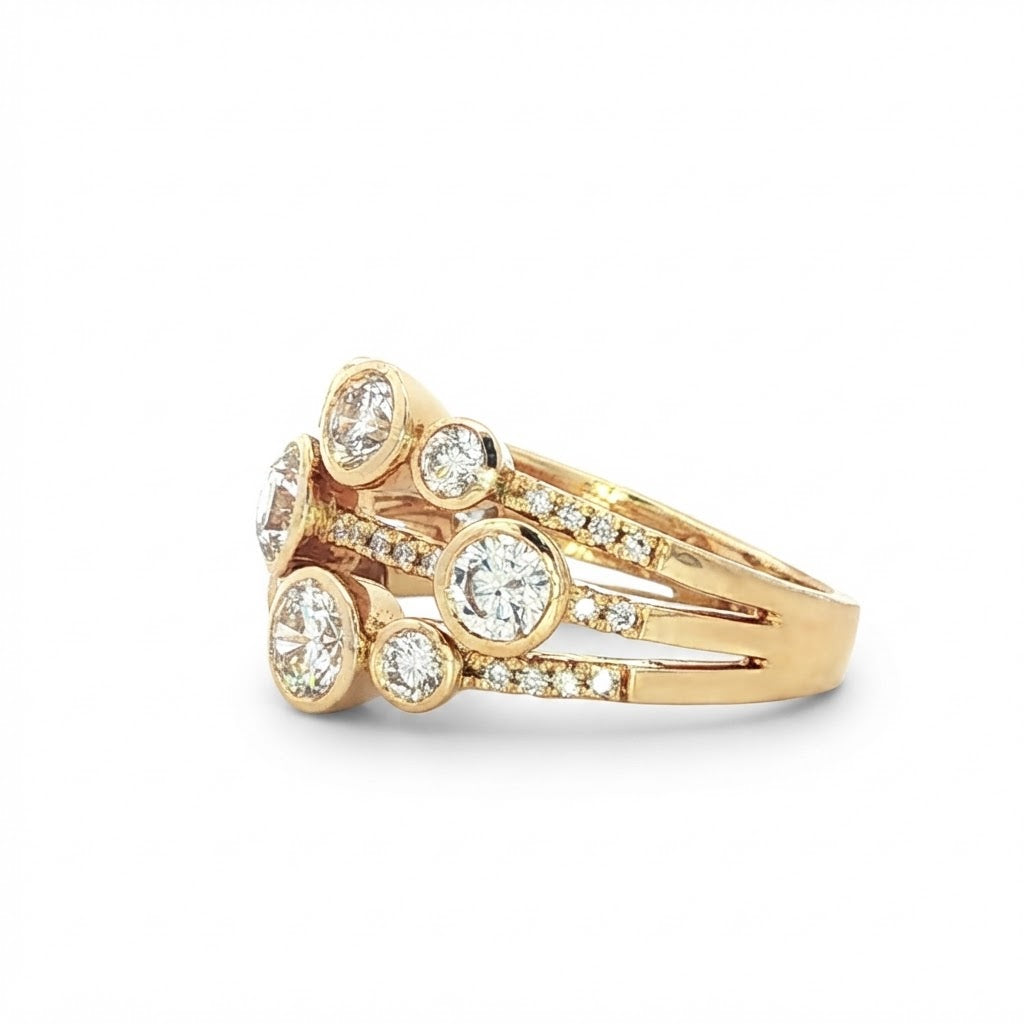18 Carat Yellow Gold and Diamond 3 Row 'Bubbles' Ring - 1.90Cts