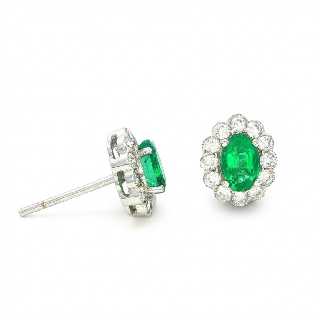 18 White Gold Diamond and Emerald Stud Earrings