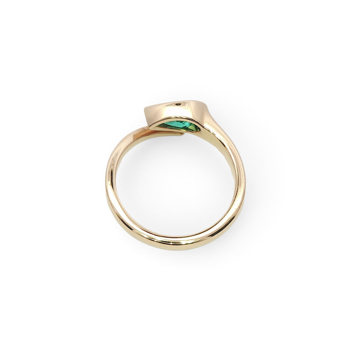 18 Carat Yellow Gold and Brazilian Emerald Pear Shape Cross Over Ring