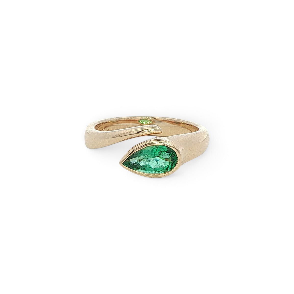 18 Carat Yellow Gold and Brazilian Emerald Pear Shape Cross Over Ring