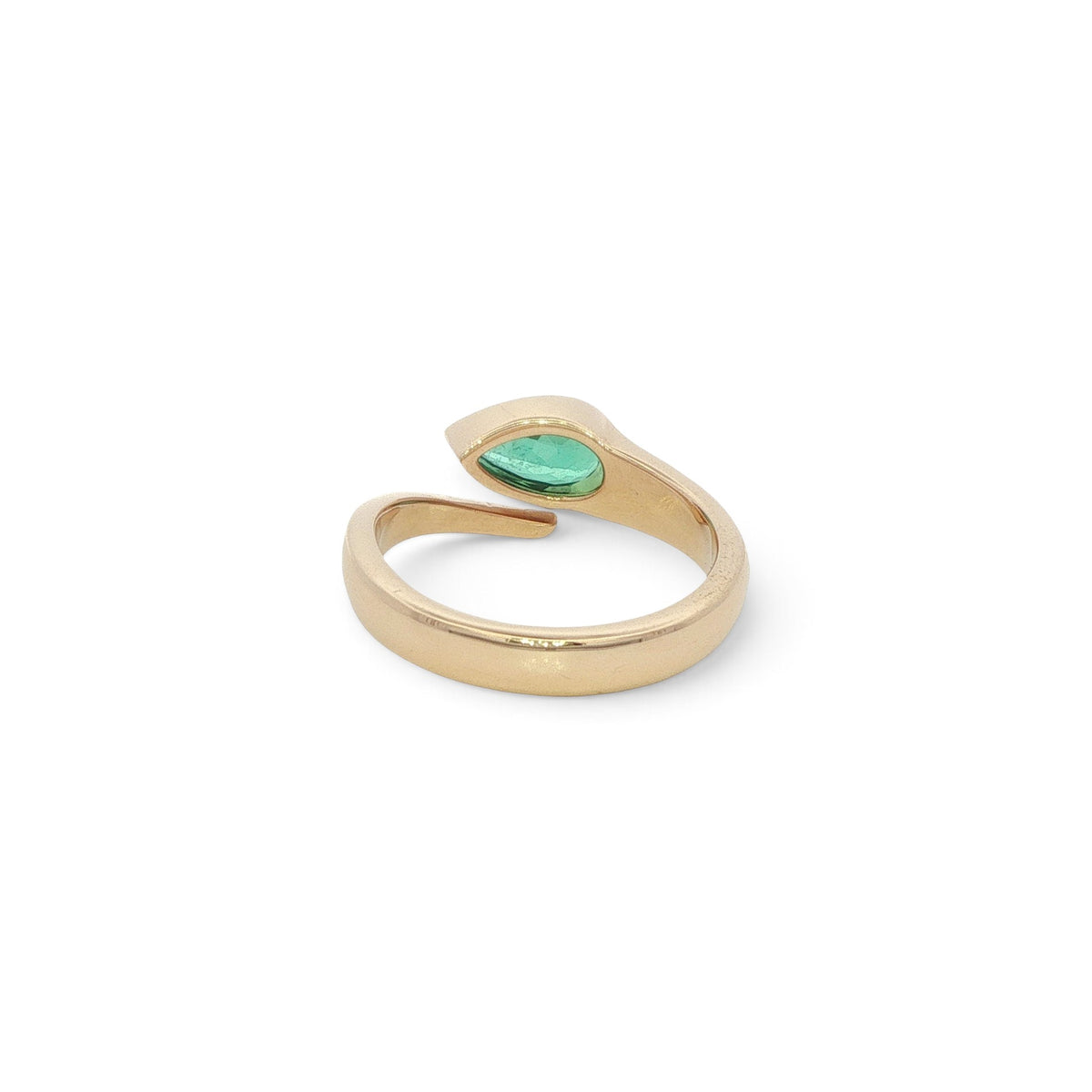 18 Carat Yellow Gold and Brazilian Emerald Pear Shape Cross Over Ring