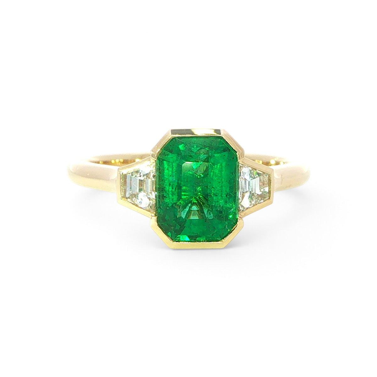 18 Carat Yellow Gold Emerald and Diamond Trilogy Ring