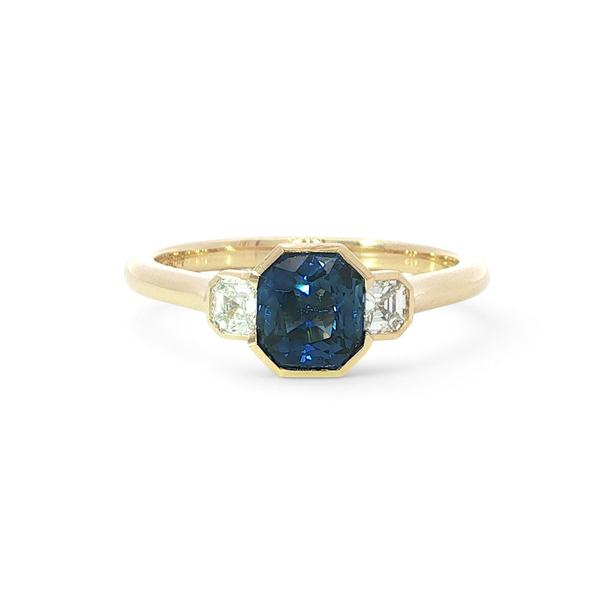 18 Carat Yellow Gold Square Octagon Sapphire and Diamond Trilogy Ring
