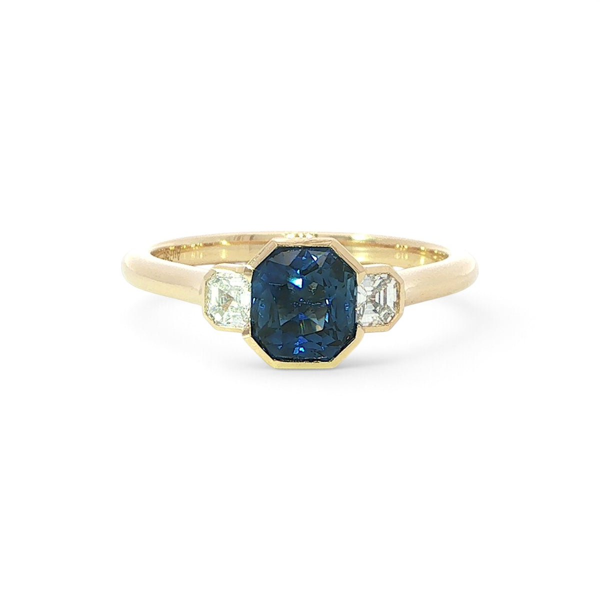 18 Carat Yellow Gold Square Octagon Sapphire and Diamond Trilogy Ring